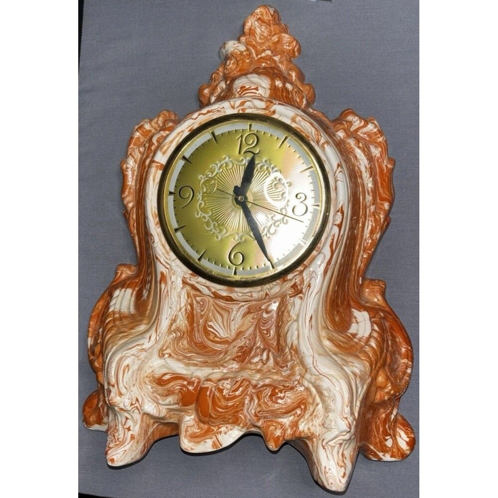 Vintage Lanshire Ceramic Mantel Clock Orange White Marbled Electric Works
